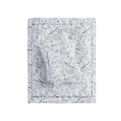 Twin Cotton Flannel Sheet Set Grey Sloth Print Soft Warm Oeko Tex Kids Bedding - Image 1 of 4