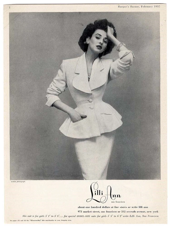 LILLI ANN 时尚杂志广告 1952 年 Richard Avadon 摄影师白色套装合身 — 第 1/1 张图片