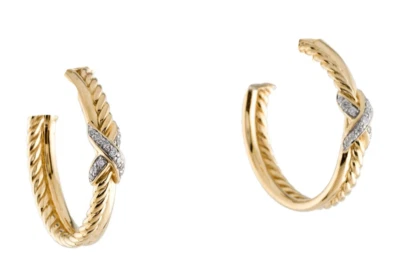 $3200 DAVID YURMAN 18K GOLD DIAMOND X PAVE HOOP EARRINGS - Image 1 of 2