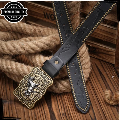 Correa de hebilla de cinturón de cuero de vaquero de alta calidad negra de lujo occidental para hombre Foto 1 de 4