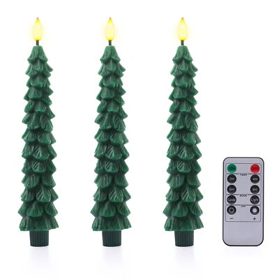 3PCS Christmas Tree Flameless Taper Candles  Green with Remote Timer 3D Wick - Image 1 of 4
