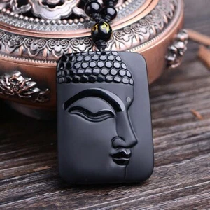 Collar Buda Sakyamuni Obsidiana Negro Natural Amuleto Colgante Cuentas con Cadena - Imagen 1 de 7