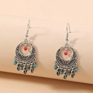 Silver Filigree & Feather Chandelier Earrings w Turquoise & Orange Beading - Picture 1 of 6