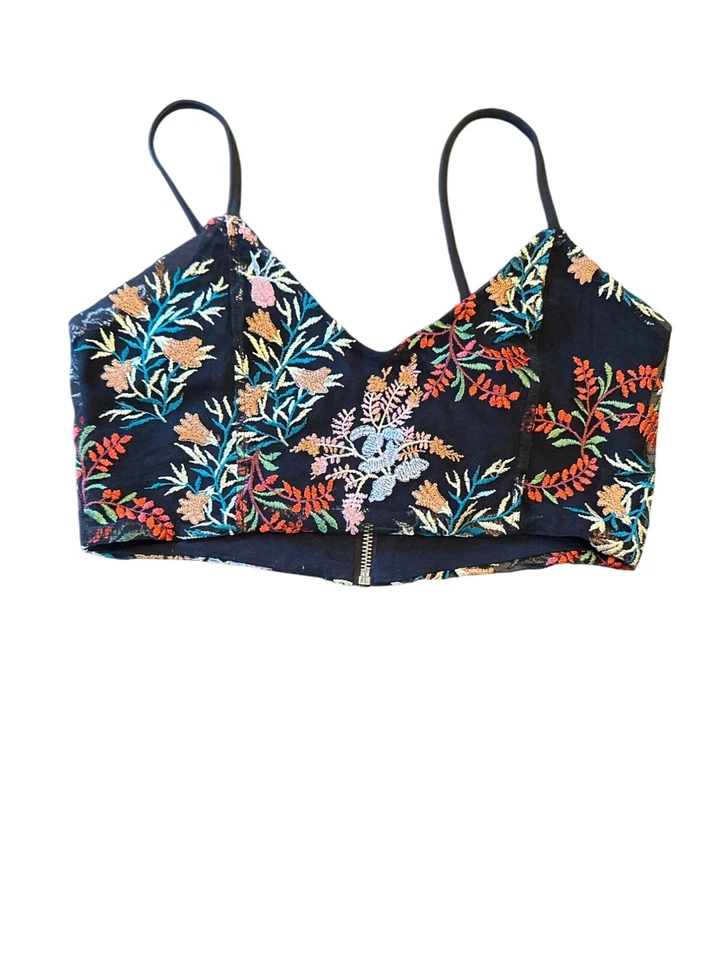 Black Floral Embroidered Crop Top With Zipper Closure & Spaghetti Straps - Image 1 of 4