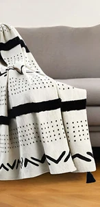 60" x 50" schwarz und weiß gewebte Baumwolle gestreift Überwurf Decke mit Quasten - Bild 1 von 12