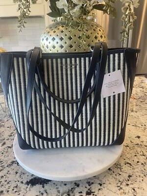 Kate Spade Buddie Striped Straw Small Tote with Zip Pouch - Blazer Blue Multi - Image 1 of 4