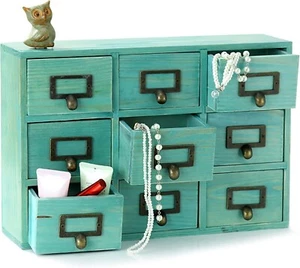 Teal Wooden Drawer Organizer for Desktop - Vintage Apothecary Cabinet w/ 9 Drawe - Picture 1 of 8
