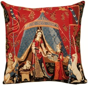 FUNDA COJÍN TAPIZ DE ALGODÓN ROJO 18" LADY & UNICORN A MON ALONE DESEIR CON CREMALLERA - Imagen 1 de 6