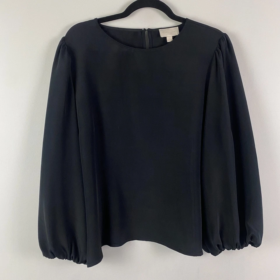 J Crew Collection Silk Blouse Size 16 Black Puff Sleeve Lined - Image 1 of 4