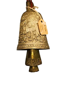 Vintage Indian Brass Bell w/ Elephant Procession | Hand Engraved 2-Tone Clapper - Picture 1 of 10