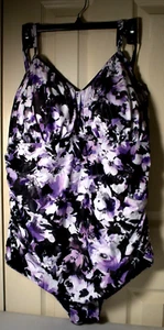Aqua Eve Women's One Piece Swimsuit 22W NWT Black White Purple Floral - Picture 1 of 7