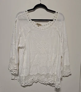 Democracy Damen Top mit Spitze verziert weiß 3/4 Arm Boho LARGE - Bild 1 von 8