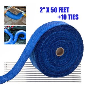 2" x 50FT Exhaust Header Fiberglass Heat Wrap Tape w/ 10 Steel Ties Blue - Foto 1 di 8