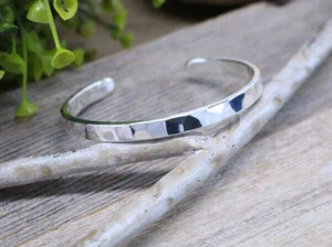 Solid Sterling Silver Cuff Bracelet Hammered Adjustable Bangle 925 Simple Silver - Picture 1 of 5