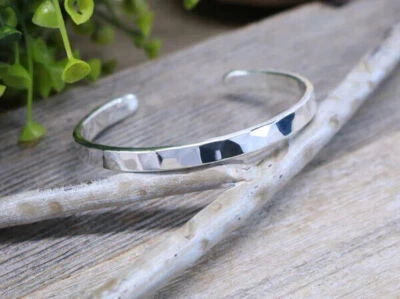 Solid Sterling Silver Cuff Bracelet Hammered Adjustable Bangle 925 Simple Silver - Image 1 of 4