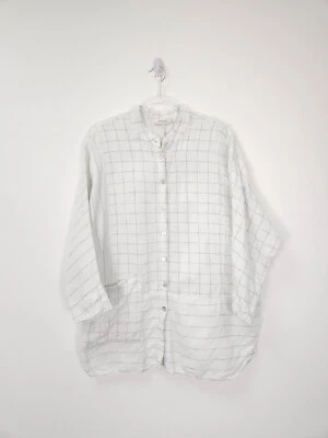 Sahara Shirt Top Small Medium White Grey Check Relaxed Blouse Linen Lagenlook - Image 1 of 4