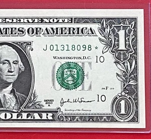 STAR NOTE 2003A $1 DOLLAR BILL ( Kansas J ) UNCIRCULATED - Picture 1 of 3