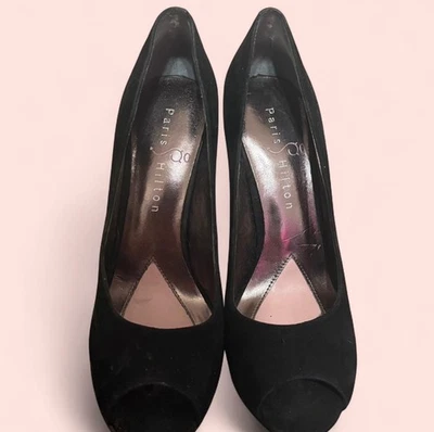 Paris Hilton Destiny Stiletto Pumps Heels, Size 5 1/2, Black With Pink Bottom - Image 1 of 4