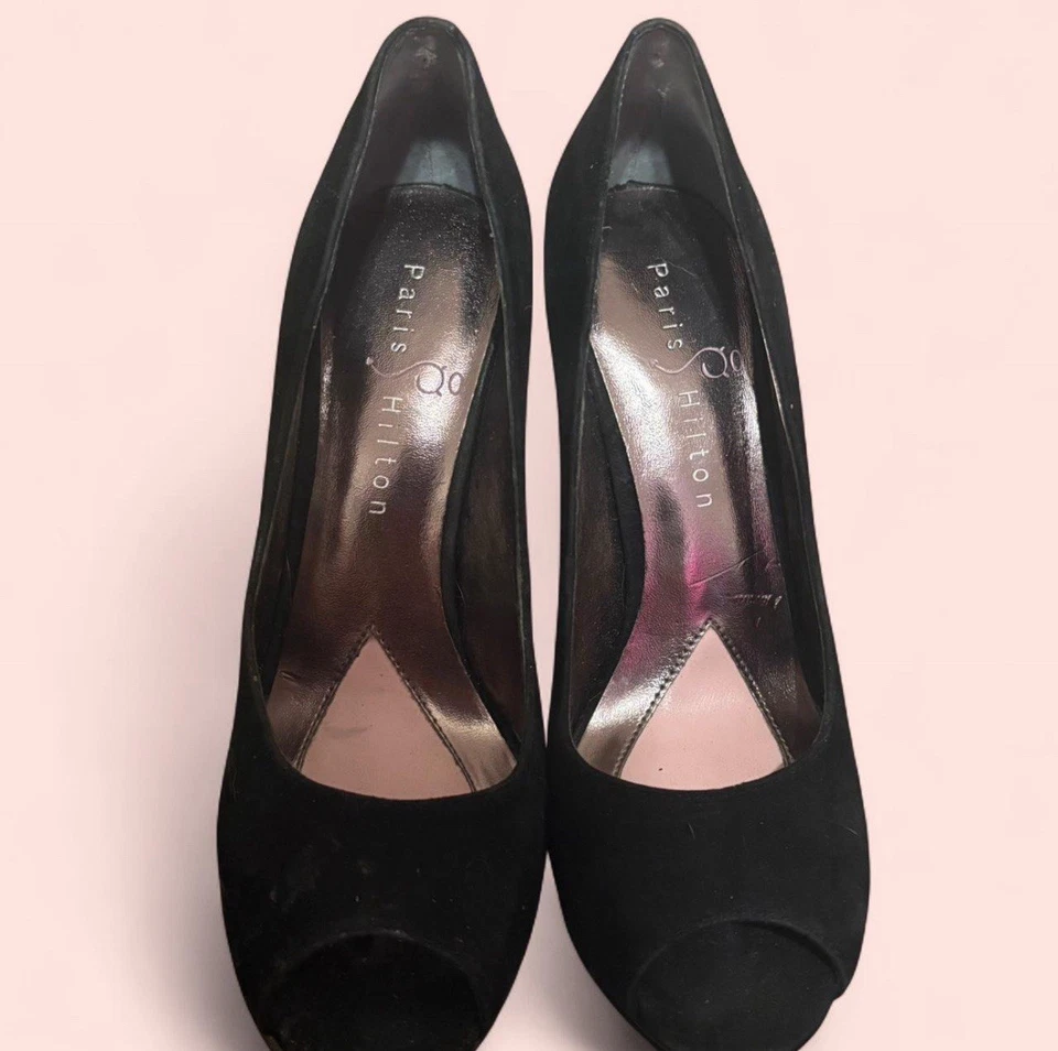Paris Hilton Destiny Stiletto Pumps Heels, Size 5 1/2, Black With Pink Bottom - Image 1 of 4