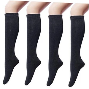 4 Pairs Women's Cotton Knee High Socks, Casual Solid Knit Knee Socks Black - Picture 1 of 7
