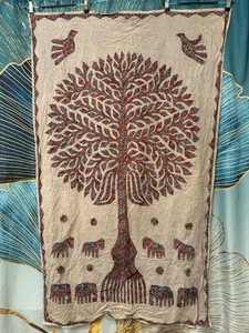 Vintage Tree of Life Appliqued Hand Stitched Cotton Wall Hanging Tribal 32x55in - Picture 1 of 10