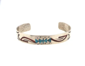 Navajo - Vintage Cuff Bracelet - SterlingSilver - Turquoise & Coral Inlay ~#6836 - Picture 1 of 7