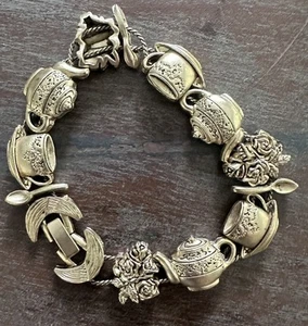 Vintage goldfarben Garten Tea Time Schieber Bettelarmband Teekannen Teetasse Party - Bild 1 von 5