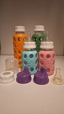 LifeFactory Paquete de 4 Biberones de Silicona de Vidrio Set Púrpura Verde 4oz y 9oz. Foto 1 de 4