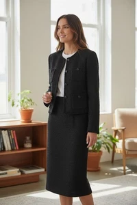 Conjunto de chaqueta y falda de tweed negro hecho a mano traje para mujer M-XXL, estilo clásico - Imagen 1 de 9