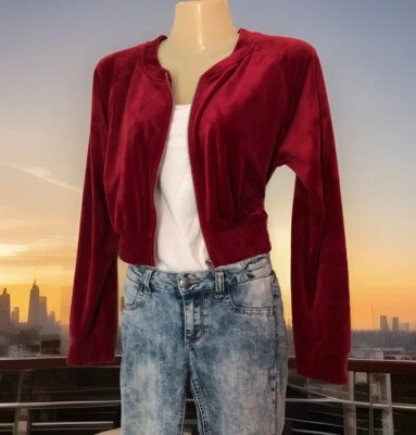Forever 21 Cropped Sweatshirt Jacket Size Medium Dark Red Velour Full Zip - Image 1 of 4