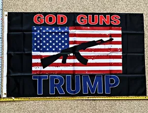 Donald Trump Flag FREE SHIPPING God Guns USA AK47 Army Navy Sign Poster 3x5' - Picture 1 of 1
