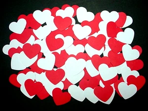 100 RED & WHITE HEART CUTOUTS WEDDING VALENTINE'S DAY ETC APPROX 2" HANDMADE - Picture 1 of 2