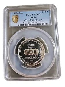 1986 MEXICO 200 PESOS COPA MUNDIAL FUTBOL SILVER COIN 2 oz  PCGS PF67 UNC - Picture 1 of 2