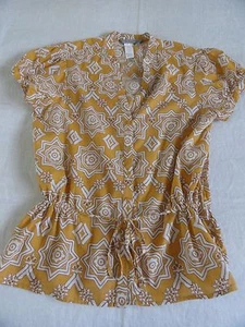 Tex by Max Azria Blouse Misses L 100% Cotton Lightweight Gold White Drawstring - Picture 1 of 6