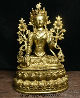 15.2" Antiguo Budismo Tíbet Cobre Dorado 7 Ojos Blanco Tara Diosa Loto Escultura Foto 1 de 4