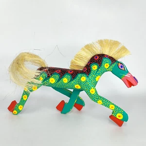 Running Horse Alebrije Green with Yellow Flowers Wood Signed Mexico Figurine - Picture 1 of 9