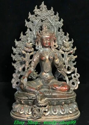 10.2"Old China Dynasty Pure Bronze Green Tara Mahayana Buddhism Goddess Statue - Image 1 of 4