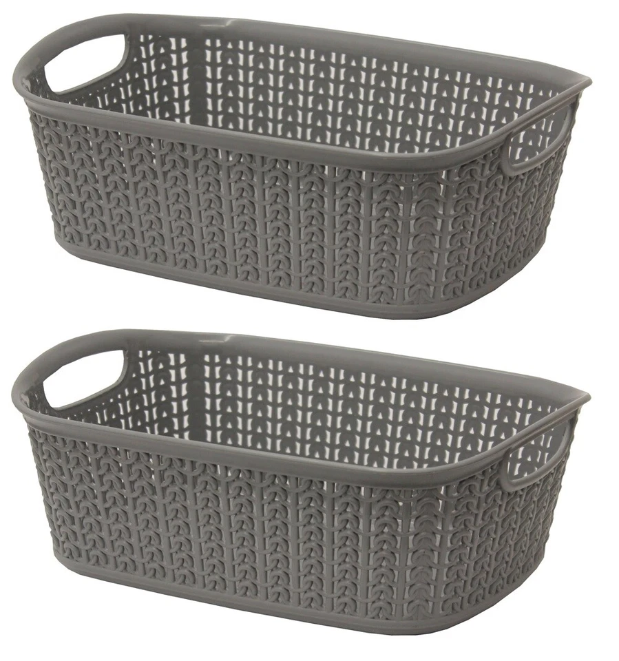 2 x 3L Storage Basket Grey Loop Knitted Effect Rectangle Plastic 27 x 20 x 10cm - Image 1 of 1