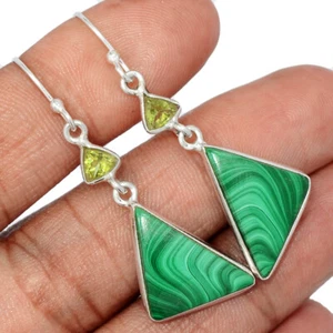Natural Malachite - Congo & Peridot 925 Sterling Silver Earrings Jewelry CE38960 - Picture 1 of 1