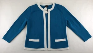~NWT~TALBOTS Petite Women SM Pima Cotton Cardigan Sweater Teal&White Long Sleeve - Picture 1 of 8