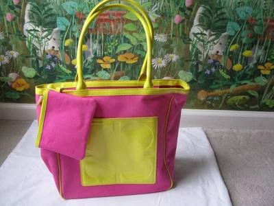 LIZ CLAIBORNE Pink/Yellow Canvas Patent Handbag Satchel Bag Purse w/ Wallet - Image 1 of 4