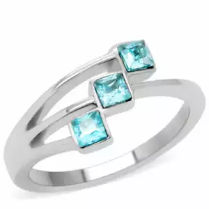 Anillo de tres piedras Princess Cut Aqua CZ acero inoxidable TK316 - Imagen 1 de 25