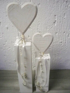 WEISSE HERZEN, 2-TLG schabby chic Holz Hochzeitsdeko 53,5 + 38,5 cm hoch C - Bild 1 von 5