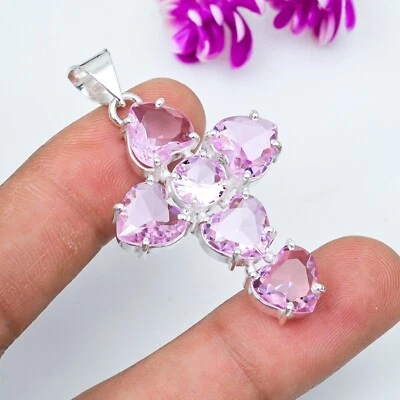 Pink Kunzite Gemstone Cross Pendant 925 Sterling Silver Handmade Awesome Jewelry - Image 1 of 4