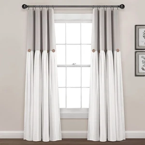 Linen Button Window Curtain Panel, Single, 40" W x 84" L, Gray & White - Coun... - Picture 1 of 8