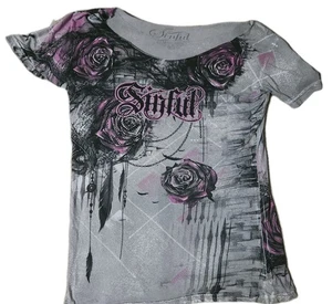 🔥 Sinful By Affliction Womens Large Gray Pink Biker Y2K Cyber Grunge Shirt Rose - Picture 1 of 4