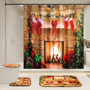 Set Tenda Doccia Camino Natalizio per Bagno, 4PZ Vintage Natale B... - Foto 1 di 6