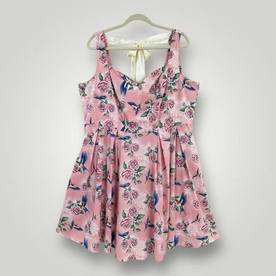 Hell Bunny Vixen Dress Blue Birds Pink Roses Fit & Flare Womans 3X Rockabilly - Image 1 of 4