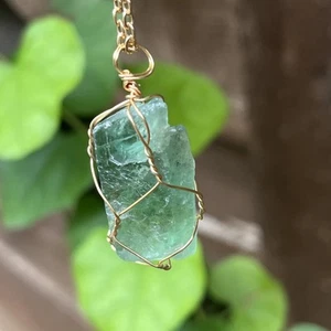 Women's Gold-Tone Chain Wire-Wrapped Raw Stone Green Fluorite Pendant Necklace - Picture 1 of 9