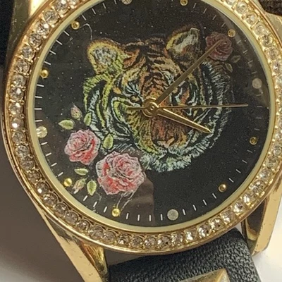 Rocawear Tiger Roses Diamond bezel black dial studded leather strap analog Watch - Image 1 of 4